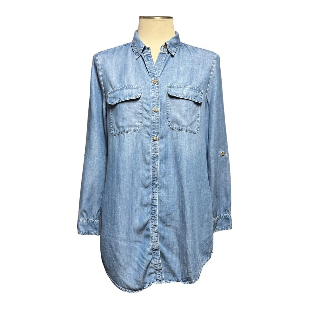 Chico's Button Up Roll Tab Blouse Top Chambray Blue 1 / Medium / 8-10
